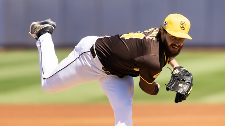 Mar 11, 2025; Peoria, Arizona, USA; San Diego Padres pitcher Dylan Cease against the Chicago White Sox during a spring training game at Peoria Sports Complex. 