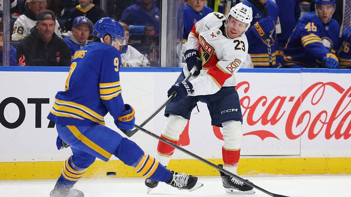 Buffalo Sabres forward Josh Norris and Florida Panthers forward Carter Verhaeghe during the teams' Oct. 12 game Buffalo Sabres forward Josh Norris and Florida Panthers forward Carter Verhaeghe during the teams' Oct. 12 game
