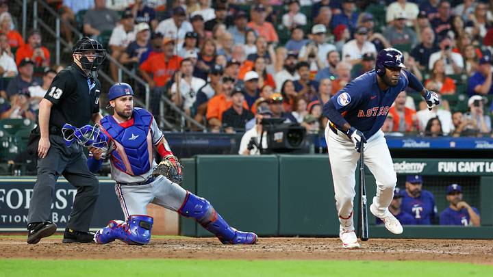 Aug 2, 2026; Houston, Texas, USA; Houston Astros left fielder Yordan Alvarez (44) hits a two-run RBI double against the Texas Rangers in the seventh inning at Daikin Park. Mandatory Credit: Thomas Shea-Imagn Images