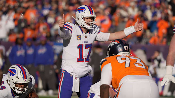 Buffalo Bills quarterback Josh Allen signals to the offensive line a play during first half action at Empower FIeld at Mile High in Denver, Colorado on Jan. 17, 2026.