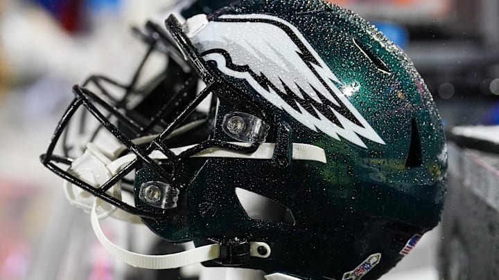Nov 20, 2023; Kansas City, Missouri, USA; A general view of a Philadelphia Eagles helmet against the Kansas City Chiefs prior to a game at GEHA Field at Arrowhead Stadium. Mandatory Credit: Denny Medley-Imagn Images