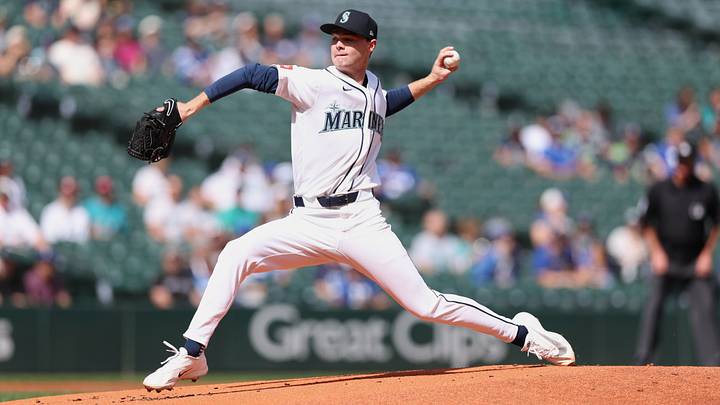Sep 9, 2026; Seattle, Washington, USA; Seattle Mariners starting pitcher Kade Anderson (13) pitches to the Texas Rangers in the first inning at T-Mobile Park. Mandatory Credit: Richard Dizon-Imagn Images