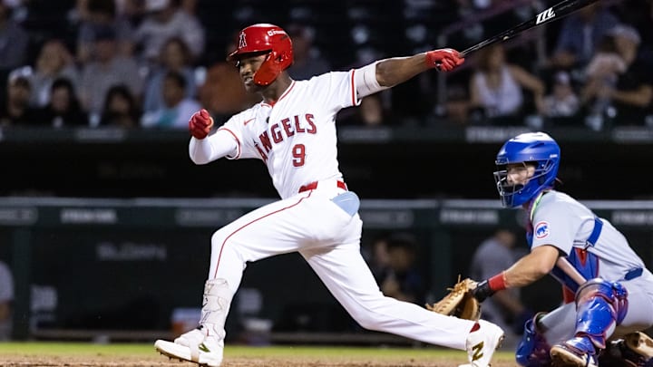 Nov 9, 2025; Mesa, AZ, USA; Los Angeles Angels outfielder Raudi Rodriguez during the Arizona Fall League Fall Stars Game at Sloan Park. Mandatory Credit: Mark J. Rebilas-Imagn Images