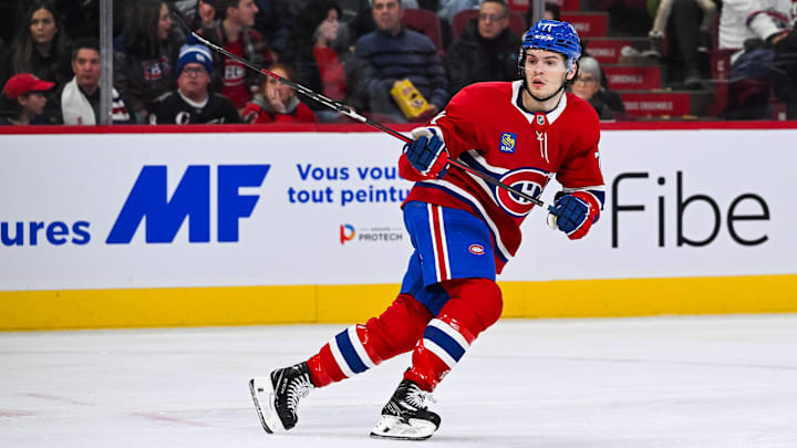 Dec 7, 2024; Montreal, Quebec, CAN; Montreal Canadiens center Jake Evans (71) skates against the Washington Capitals during the second period at Bell Centre. Mandatory Credit: David Kirouac-Imagn Images