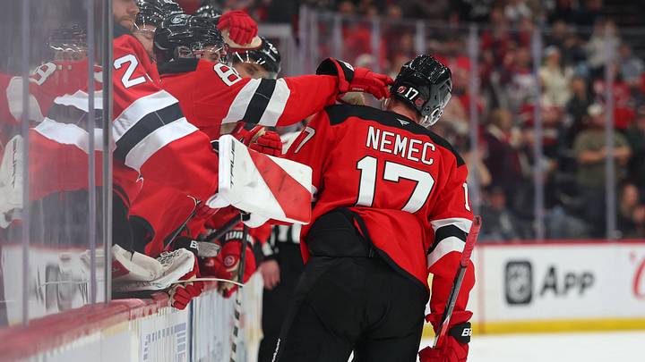 Mar 29, 2026; Newark, New Jersey, USA; New Jersey Devils defenseman Simon Nemec (17) celebrates his goal against the Chicago Blackhawks during the second period at Prudential Center. Mandatory Credit: Ed Mulholland-Imagn Images