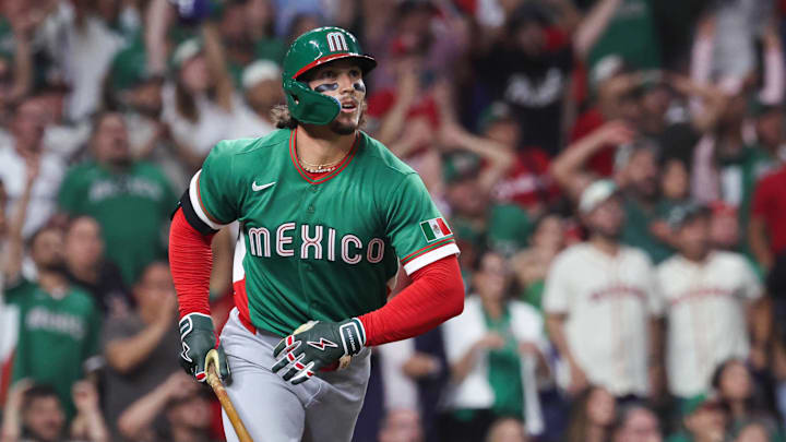Mar 9, 2026; Houston, TX, United States; Mexico outfielder Jarren Duran (16) hits a home run in the eighth inning against the United States at Daikin Park. Mandatory Credit: Troy Taormina-Imagn Images