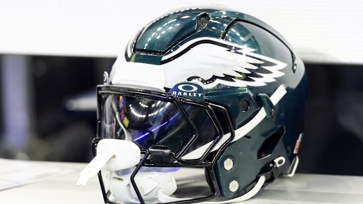 Feb 9, 2025; New Orleans, LA, USA; Detailed view of a Philadelphia Eagles helmet during Super Bowl LIX at Ceasars Superdome. Mandatory Credit: Mark J. Rebilas-Imagn Images Feb 9, 2025; New Orleans, LA, USA; Detailed view of a Philadelphia Eagles helmet during Super Bowl LIX at Ceasars Superdome. Mandatory Credit: Mark J. Rebilas-Imagn Images