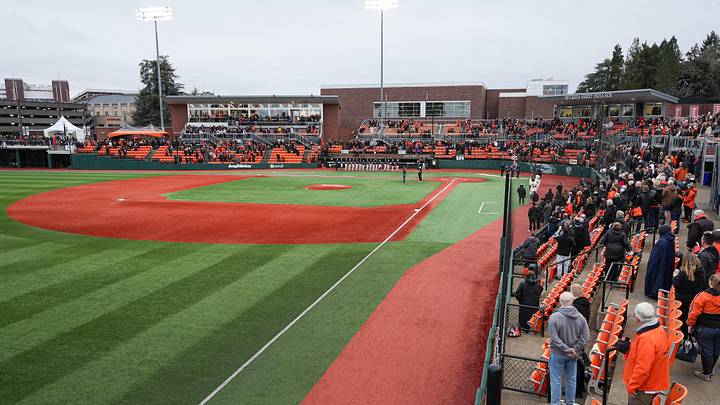 Fans observe the national anthem before an NCAA college baseball game between Oregon State and Xavier at Goss Stadium on Friday, March 6, 2026, in Corvallis, Ore.
