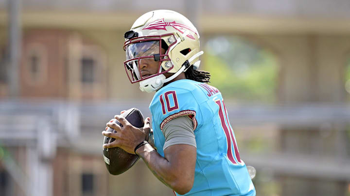 Apr 20, 2024; Tallahassee, Florida, USA; Florida State Seminoles quarterback Trever Jackson (10) during the Spring Showcase at Doak S. Campbell Stadium. Mandatory Credit: Melina Myers-Imagn Images