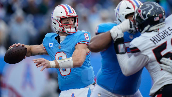 Tennessee Titans quarterback Will Levis prepares to pass during the third quarter at Nissan Stadium.