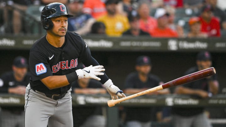 Jun 24, 2024; Baltimore, Maryland, USA;  Cleveland Guardians outfielder Steven Kwan (38) runs out a first inning single against the Baltimore Orioles at Oriole Park at Camden Yards. Mandatory Credit: Tommy Gilligan-USA TODAY Sports