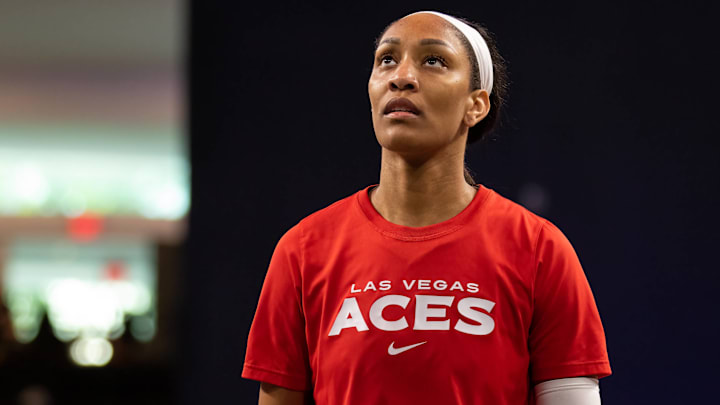 Aja Wilson (22 Las Vegas Aces) warms up during the Womens National Basketball Association game between Atlanta Dream.