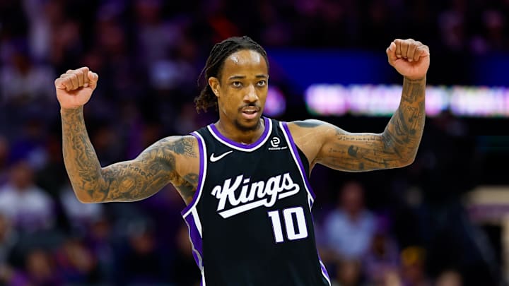 Jan 14, 2026; Sacramento, California, USA; Sacramento Kings guard DeMar DeRozan (10) celebrates after a basket during the third quarter against the New York Knicks at Golden 1 Center.