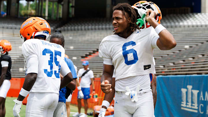 Florida Gators wide receiver Dallas Wilson (6) looks on without a helmet during fall football practice at Ben Hill Griffin Stadium at the University of Florida in Gainesville, FL on Saturday, August 2, 2025. [Matt Pendleton/Gainesville Sun]