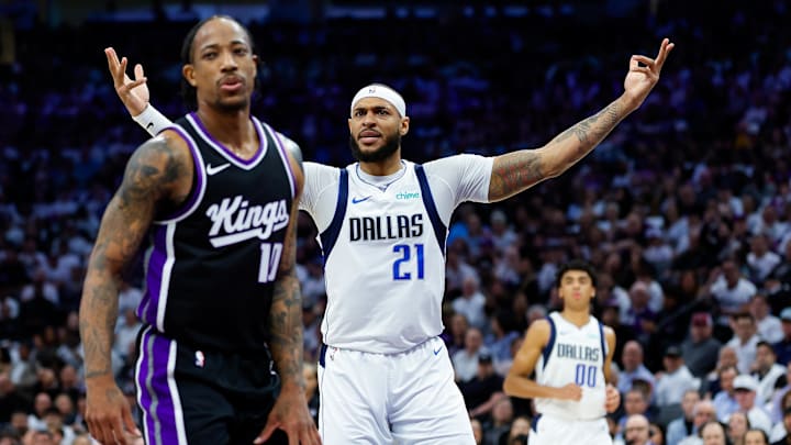 Apr 16, 2025; Sacramento, California, USA; Dallas Mavericks center Daniel Gafford (21) reacts after a play during the second quarter against the Sacramento Kings at Golden 1 Center. Mandatory Credit: Sergio Estrada-Imagn Images