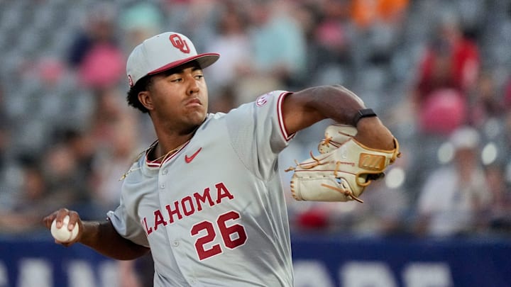 May 21, 2025; Hoover, AL, USA; Oklahoma pitcher Kyson Witherspoon (26) pitches against Georgia in the second round of the SEC Baseball Tournament at the Hoover Met.
