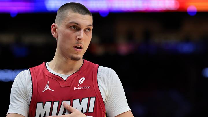 Miami Heat guard Tyler Herro (14) looks on  (Mandatory Credit: Sam Navarro-Imagn Images)