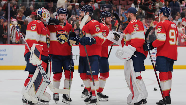 Feb 8, 2025; Sunrise, Florida, USA; Florida Panthers goaltender Sergei Bobrovsky (72) celebrates with teammtes after the game against the Ottawa Senators at Amerant Bank Arena. Mandatory Credit: Sam Navarro-Imagn Images