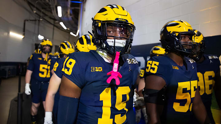 Jan 8, 2024; Houston, TX, USA; Michigan Wolverines linebacker Jason Hewlett (19) against the Washington Huskies during the 2024 College Football Playoff national championship game at NRG Stadium. Mandatory Credit: Mark J. Rebilas-Imagn Images