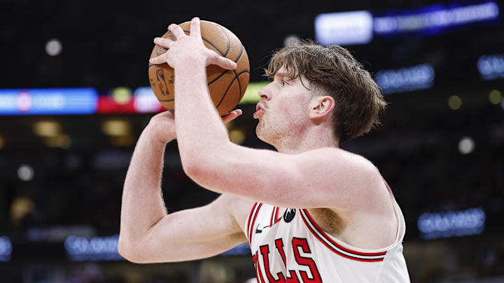 Apr 1, 2026; Chicago, Illinois, USA; Chicago Bulls center Lachlan Olbrich (47) shoots against the Indiana Pacers during the second half at United Center.
