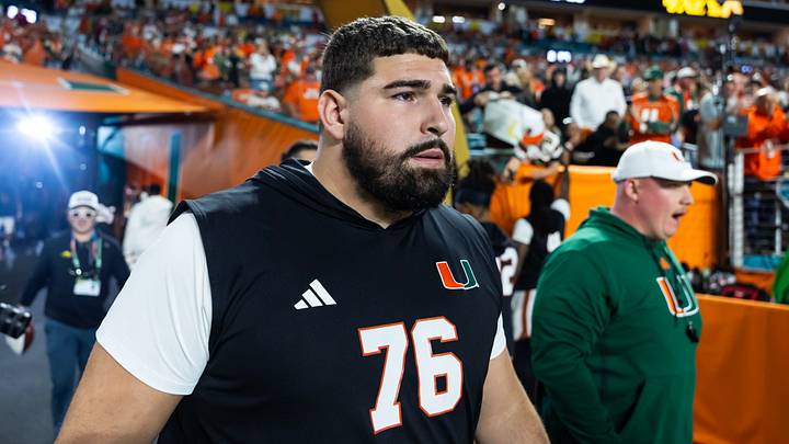 Jan 19, 2026; Miami Gardens, FL, USA; Miami Hurricanes offensive lineman Ryan Rodriguez (76) against the Indiana Hoosiers during the College Football Playoff National Championship game at Hard Rock Stadium. Mandatory Credit: Mark J. Rebilas-Imagn Images Jan 19, 2026; Miami Gardens, FL, USA; Miami Hurricanes offensive lineman Ryan Rodriguez (76) against the Indiana Hoosiers during the College Football Playoff National Championship game at Hard Rock Stadium. Mandatory Credit: Mark J. Rebilas-Imagn Images