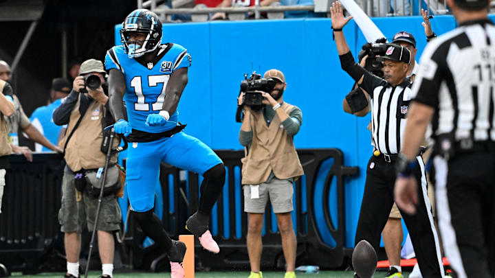 Oct 13, 2024; Charlotte, North Carolina, USA;  Carolina Panthers wide receiver Xavier Legette (17) celebrates a touchdown in the second quarter at Bank of America Stadium. Mandatory Credit: Bob Donnan-Imagn Images
