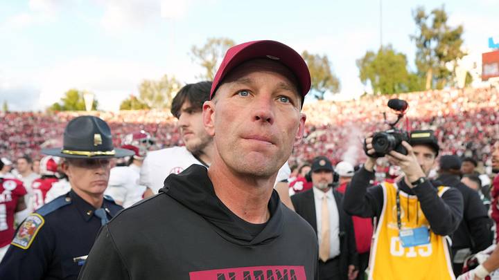 Jan 1, 2026; Pasadena, CA, USA; Alabama Crimson Tide head coach Kalen Deboer leaves the field after the 2026 Rose Bowl and quarterfinal game of the College Football Playoff against the Indiana Hoosiers at Rose Bowl Stadium. Mandatory Credit: Kirby Lee-Imagn Images
