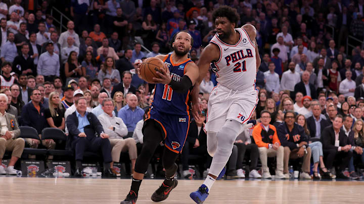 Apr 30, 2024; New York, New York, USA; New York Knicks guard Jalen Brunson (11) drives to the basket