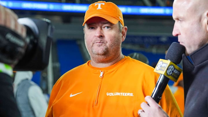 Tennessee coach Josh Heupel gets ready for an interview after winning a NCAA football game against Kentucky at Kroger Field in Lexington, Kentucky on Oct. 25, 2025.