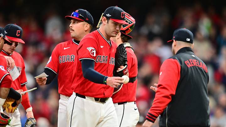 Oct 5, 2026: Cleveland Guardians pitcher Gavin Williams (32) is relieved in the sixth inning of game two of the ALDS for the 2026 MLB Playoffs against the Chicago White Sox at Progressive Field. Credit: Ken Blaze-Imagn Images