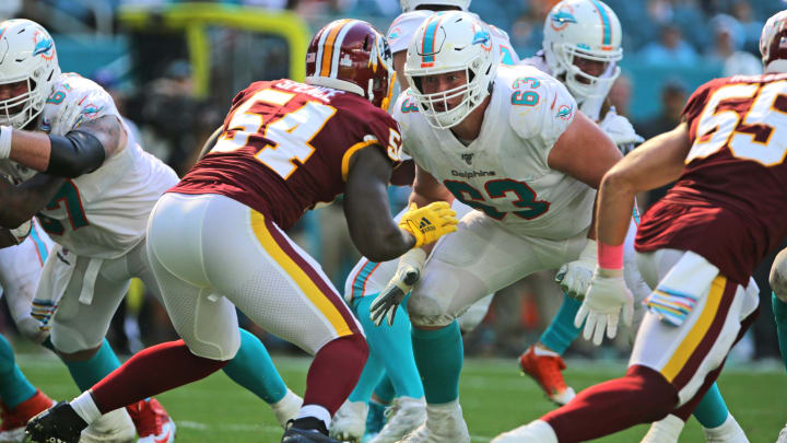 Guard Michael Deiter (63) against Washington during a 2019 game at Hard Rock Stadium. Guard Michael Deiter (63) against Washington during a 2019 game at Hard Rock Stadium.