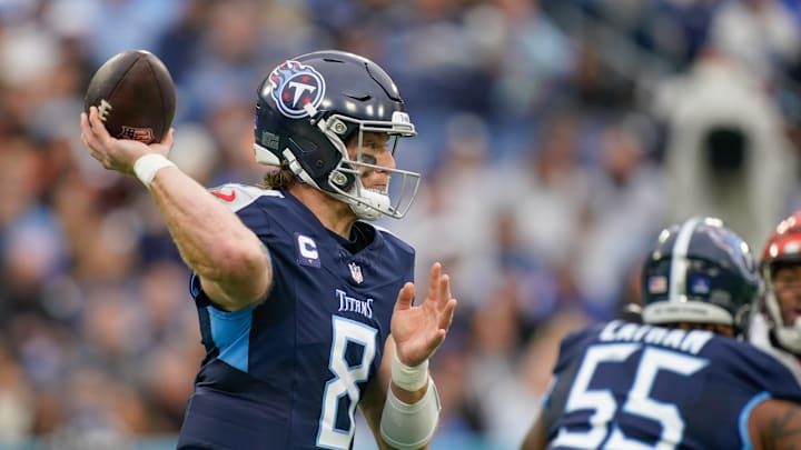 Tennessee Titans quarterback Will Levis (8) passes the ball during the first quarter at Nissan Stadium in Nashville, Tenn., Sunday, Dec. 15, 2024.