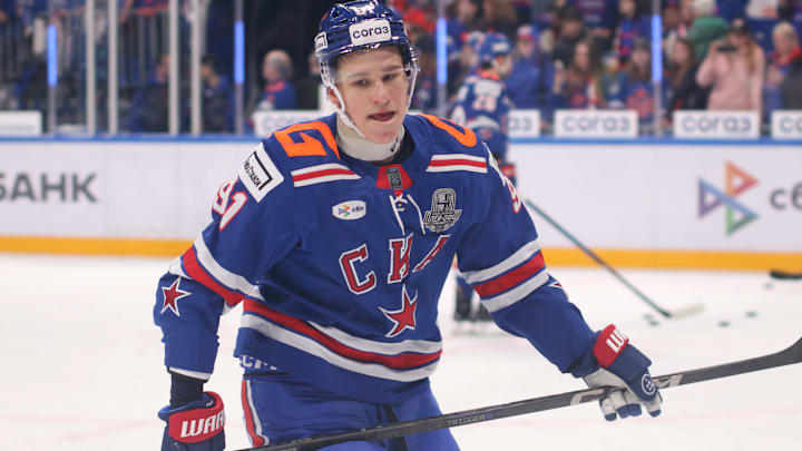 Ivan Demidov (91) of SKA Hockey Club seen in action during...