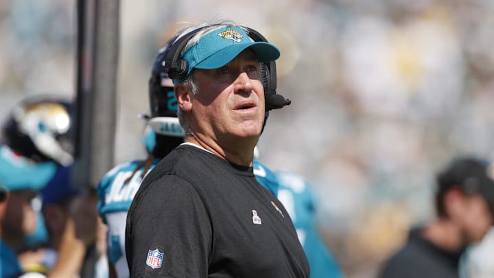 Oct 27, 2024; Jacksonville, Florida, USA; Jacksonville Jaguars head coach Doug Pederson watches a replay against the Green Bay Packers during the first quarter at EverBank Stadium. Mandatory Credit: Morgan Tencza-Imagn Images