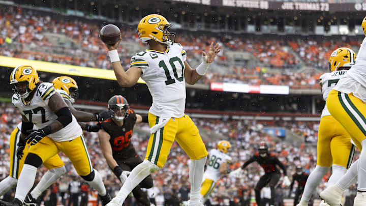 Sep 21, 2025; Cleveland, Ohio, USA; Green Bay Packers quarterback Jordan Love (10) throws the ball from the end zone against the Cleveland Browns during the fourth quarter at Huntington Bank Field. Mandatory Credit: Scott Galvin-Imagn Images