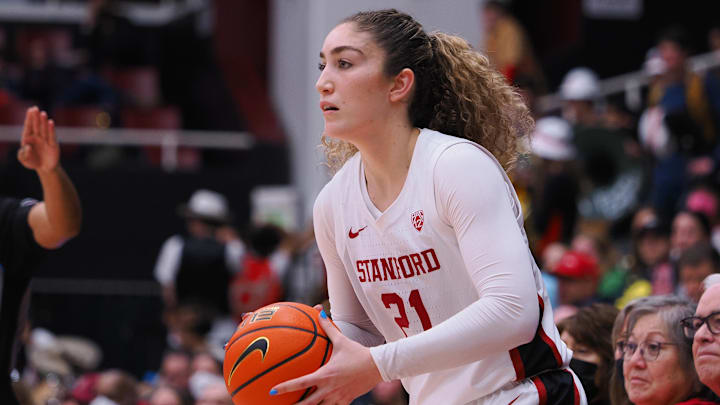 Jan 29, 2023; Stanford, California, USA; Stanford Cardinal forward Brooke Demetre (21) controls the ball against the Oregon Ducks during the fourth quarter at Maples Pavilion. Mandatory Credit: Kelley L Cox-Imagn Images Jan 29, 2023; Stanford, California, USA; Stanford Cardinal forward Brooke Demetre (21) controls the ball against the Oregon Ducks during the fourth quarter at Maples Pavilion. Mandatory Credit: Kelley L Cox-Imagn Images