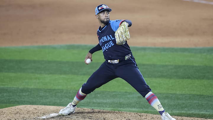Jul 16, 2024; Arlington, Texas, USA; National League pitcher Robert Suarez of the San Diego Padres (75) pitches during the seventh inning during the 2024 MLB All-Star game at Globe Life Field. Mandatory Credit: Tim Heitman-Imagn Images