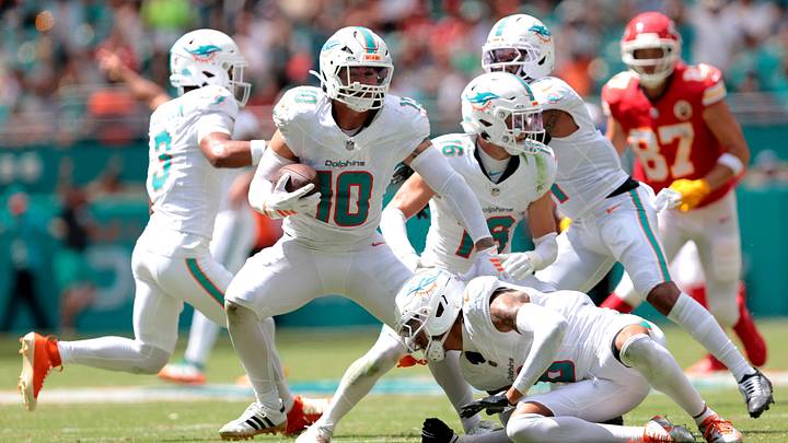 Miami Dolphins linebacker Jacob Rodriguez (10) with the ball after making an interception against the Kansas City Chiefs during the second quarter at Hard Rock Stadium. Miami Dolphins linebacker Jacob Rodriguez (10) with the ball after making an interception against the Kansas City Chiefs during the second quarter at Hard Rock Stadium.