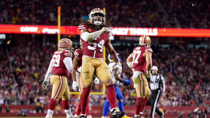 Dec 12, 2024; Santa Clara, California, USA; San Francisco 49ers linebacker Fred Warner (54) reacts after making a tackle against the Los Angeles Rams in the fourth quarter at Levi's Stadium. Mandatory Credit: Cary Edmondson-Imagn Images Dec 12, 2024; Santa Clara, California, USA; San Francisco 49ers linebacker Fred Warner (54) reacts after making a tackle against the Los Angeles Rams in the fourth quarter at Levi's Stadium. Mandatory Credit: Cary Edmondson-Imagn Images