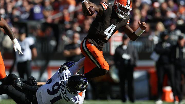 Oct 18, 2026; Cleveland, Ohio, USA; Cleveland Browns quarterback Deshaun Watson (4) is tackled by Baltimore Ravens linebacker Trey Hendrickson (91) in the third quarter at Huntington Bank Field. Mandatory Credit: Scott Galvin-Imagn Images Oct 18, 2026; Cleveland, Ohio, USA; Cleveland Browns quarterback Deshaun Watson (4) is tackled by Baltimore Ravens linebacker Trey Hendrickson (91) in the third quarter at Huntington Bank Field. Mandatory Credit: Scott Galvin-Imagn Images