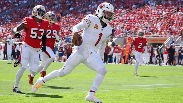 Oct 6, 2024; Santa Clara, California, USA; Arizona Cardinals quarterback Kyler Murray (1) runs for a touchdown against the San Francisco 49ers during the first quarter at Levi's Stadium. Mandatory Credit: Kelley L Cox-Imagn Images Oct 6, 2024; Santa Clara, California, USA; Arizona Cardinals quarterback Kyler Murray (1) runs for a touchdown against the San Francisco 49ers during the first quarter at Levi's Stadium. Mandatory Credit: Kelley L Cox-Imagn Images