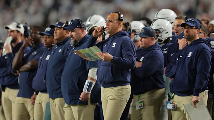 Penn State Nittany Lions head coach James Franklin looks on in the first half against the Notre Dame Fighting Irish in the Orange Bowl at Hard Rock Stadium. 