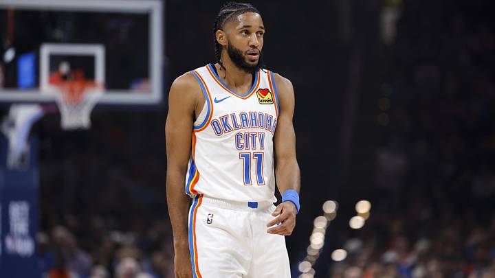 Feb 12, 2026; Oklahoma City, Oklahoma, USA; Oklahoma City Thunder guard Isaiah Joe (11) stands during a break in play against the Milwaukee Bucks during the first half at Paycom Center. Mandatory Credit: Alonzo Adams-Imagn Images