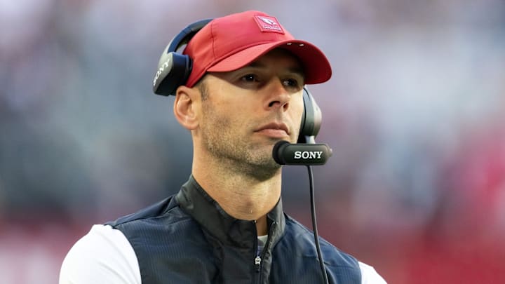 Dec 21, 2025; Glendale, Arizona, USA;  Arizona Cardinals head coach Jonathan Gannon against the Atlanta Falcons at State Farm Stadium. Mandatory Credit: Mark J. Rebilas-Imagn Images