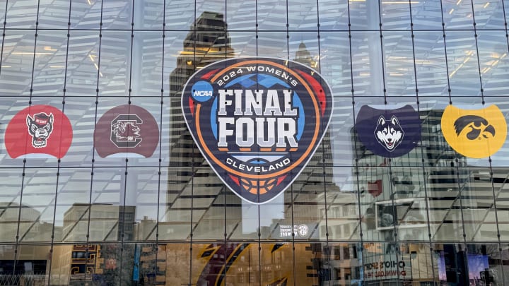 Apr 4, 2024; Cleveland, OH, USA; The NCAA Women's Final Four and team logos of the NC State, South Carolina, UConn, and Iowa