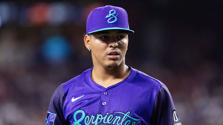 May 9, 2025; Phoenix, Arizona, USA; Arizona Diamondbacks pitcher Cristian Mena against the Los Angeles Dodgers at Chase Field. Mandatory Credit: Mark J. Rebilas-Imagn Images