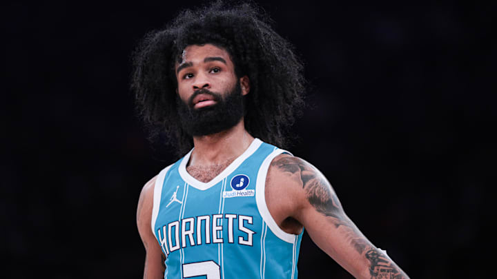Apr 12, 2026; New York, New York, USA; Charlotte Hornets guard Coby White (3) in action against the New York Knicks during the first half at Madison Square Garden. Mandatory Credit: Vincent Carchietta-Imagn Images