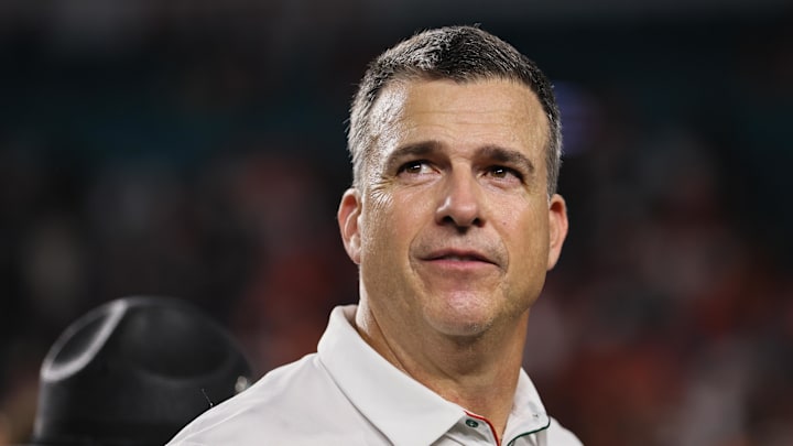 Oct 26, 2024; Miami Gardens, Florida, USA; Miami Hurricanes head coach Mario Cristobal looks on after the game against the Florida State Seminoles at Hard Rock Stadium. Mandatory Credit: Sam Navarro-Imagn Images