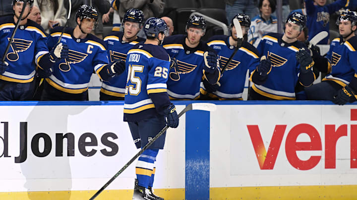 Feb 26, 2026; St. Louis, Missouri, USA; St. Louis Blues right wing Jordan Kyrou (25) is congratulated after scoring a goal against the Seattle Kraken in the second period at Enterprise Center. Mandatory Credit: Joe Puetz-Imagn Images Feb 26, 2026; St. Louis, Missouri, USA; St. Louis Blues right wing Jordan Kyrou (25) is congratulated after scoring a goal against the Seattle Kraken in the second period at Enterprise Center. Mandatory Credit: Joe Puetz-Imagn Images