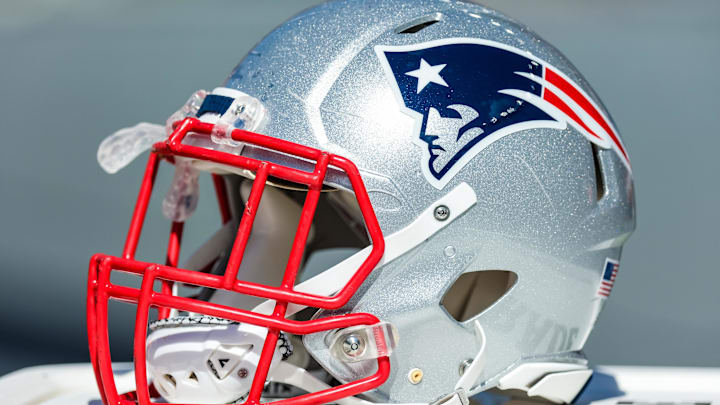 Sep 26, 2021; Foxborough, Massachusetts, USA; New England Patriots helmet during the game against New Orleans Saints during the first half at Gillette Stadium. Mandatory Credit: Stephen Lew-Imagn Images
